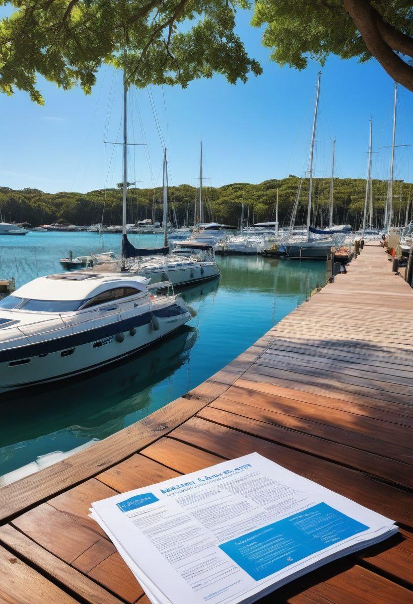A serene marina scene showing diverse yachts moored peacefully under a clear blue sky, with a close-up of an open marine insurance policy document spread on a polished wooden deck. Include symbols of safety such as life jackets and signal flags, reflecting the theme of risk management at sea. The background should feature lush green coastal trees and calm waters, creating a sense of tranquility. vibrant colors. super-realistic.