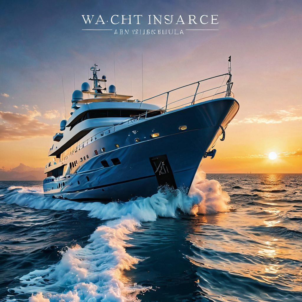 A large yacht anchored in a calm blue sea, with contrasting waves crashing against the hull. Overlay icons representing various types of insurance coverage such as liability and accident protection, illustrated as shields and lifebuoys. A clear sky reflects luxury and tranquility, while the sun sets in the background casting warm hues. Dynamic text overlays highlight 'Yacht Coverage' in elegant font. super-realistic. vibrant colors. 3D.